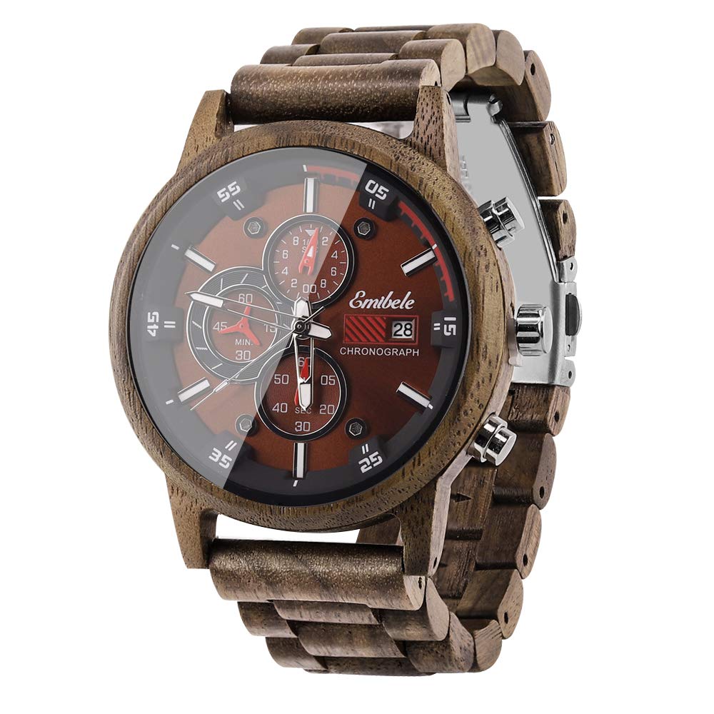 Emibele Wooden Watch for Men, Date Display Chronograph Quartz Wrist Watch, 3 Sub-dials Handmade Light Weight Luminous Watch, Walnut