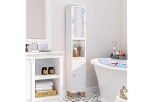 soges Bathroom Cabinet, Storage Cabinet with Mirror Floor Freestanding Cabinet with Adjustable Shelves, Narrow Tall Cabinet f