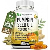 3000mg Cold Pressed Pumpkin Seed Oil | DHT Blocker | Promotes Hair Growth | Supports Heart, Skin, Prostate & Urinary Health | Contains Vitamins, Minerals & Omega 3, 6 & 9 For Anti-Aging | 200 Softgels