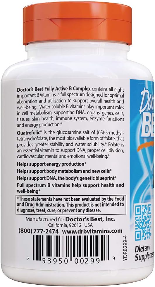 Doctor's Best Fully Active B Complex, Non-GMO, Gluten Free, Vegan, Soy Free, Supports Energy Production, 30 Veggie Caps: Health & Personal Care