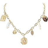 Gold Charm Necklace for Women Head Portrait Square Pendant Necklace Boho Charm Necklace Coin Pearl Choker Pendant Necklace Jewelry