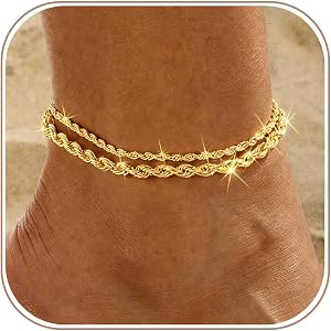 Yatumery Gold Anklets for Women -14K Gold Plated 2-Strand Layered Ankle Bracelet Waterproof Tarnish Resistant Hypoallergenic