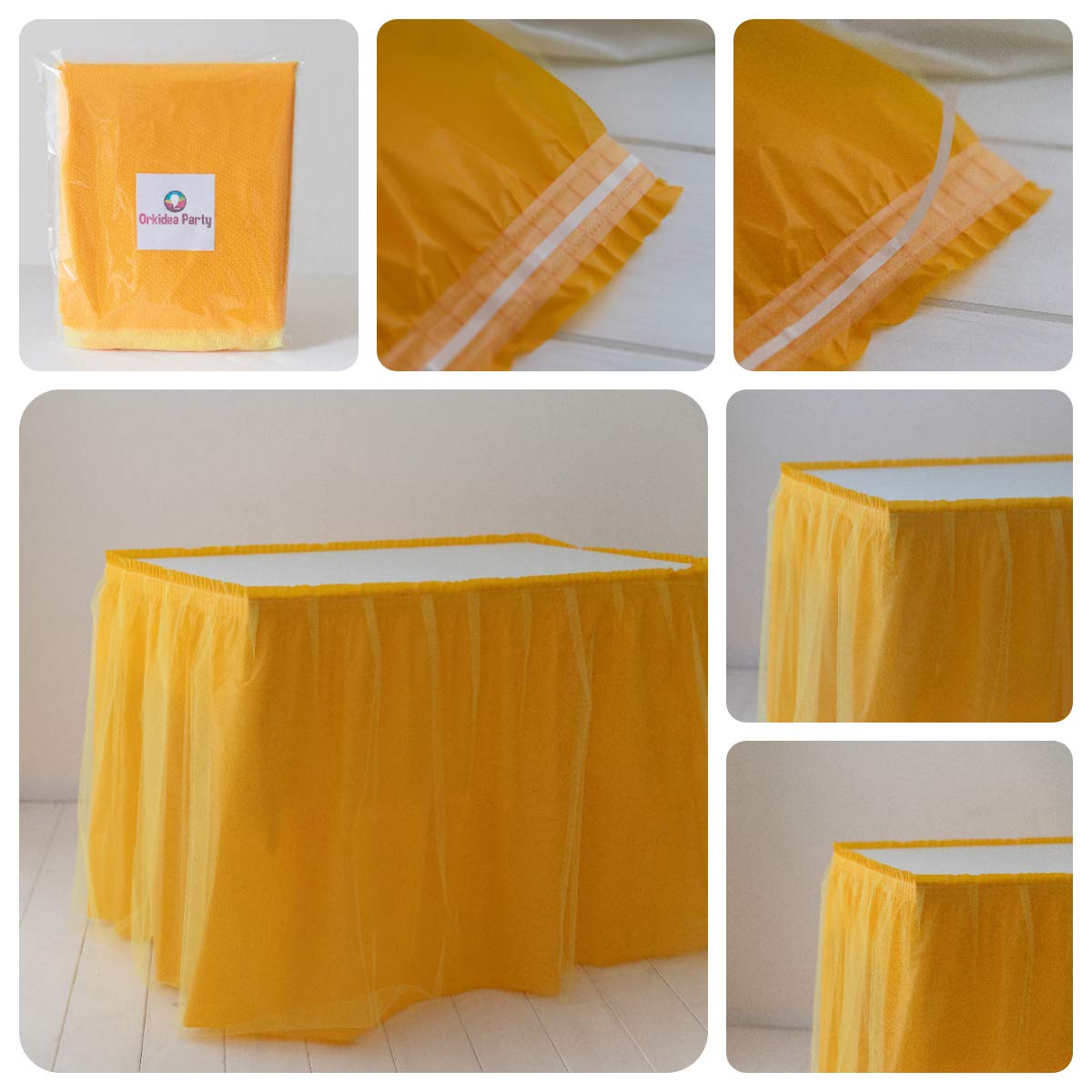 ORKIDEA Party Table Skirt with Tulle - Made in Italy - Size: 74 x 420 cm (Yellow)
