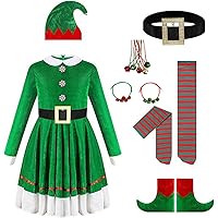 HERRTOP 8PCS Holiday Elf Costume Christmas Deluxe Grils Christmas Elf Christmas Party Dress Outfit Elf Costume for Girls