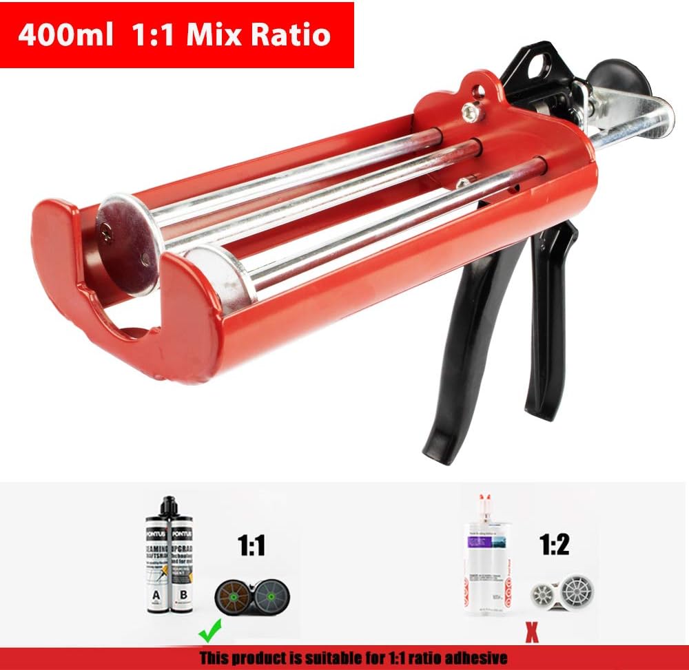 Manual Double Epoxy Gun 400 mL/13.5 fl oz (1:1 Mix Ratio) Dual Component Applicator for Panel Bond 2 Part Cartridge Caulking Gun (Passion Red) - - 