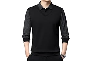 Men's Striped Lapel Fake Two-Piece Shirt Long Sleeve, Faux 2-Piece Knitted Shirt Polo Shirts, Business Casual Sweaters