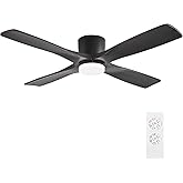 WINGBO 54 Inch Flush Mount DC Ceiling Fan with Lights and Remote, 4 Reversible Carved Wood Blades, 6-Speed Noiseless DC Motor, Hugger Ceiling Fans in Black Finish, Low Profile Ceiling Fan, ETL Listed