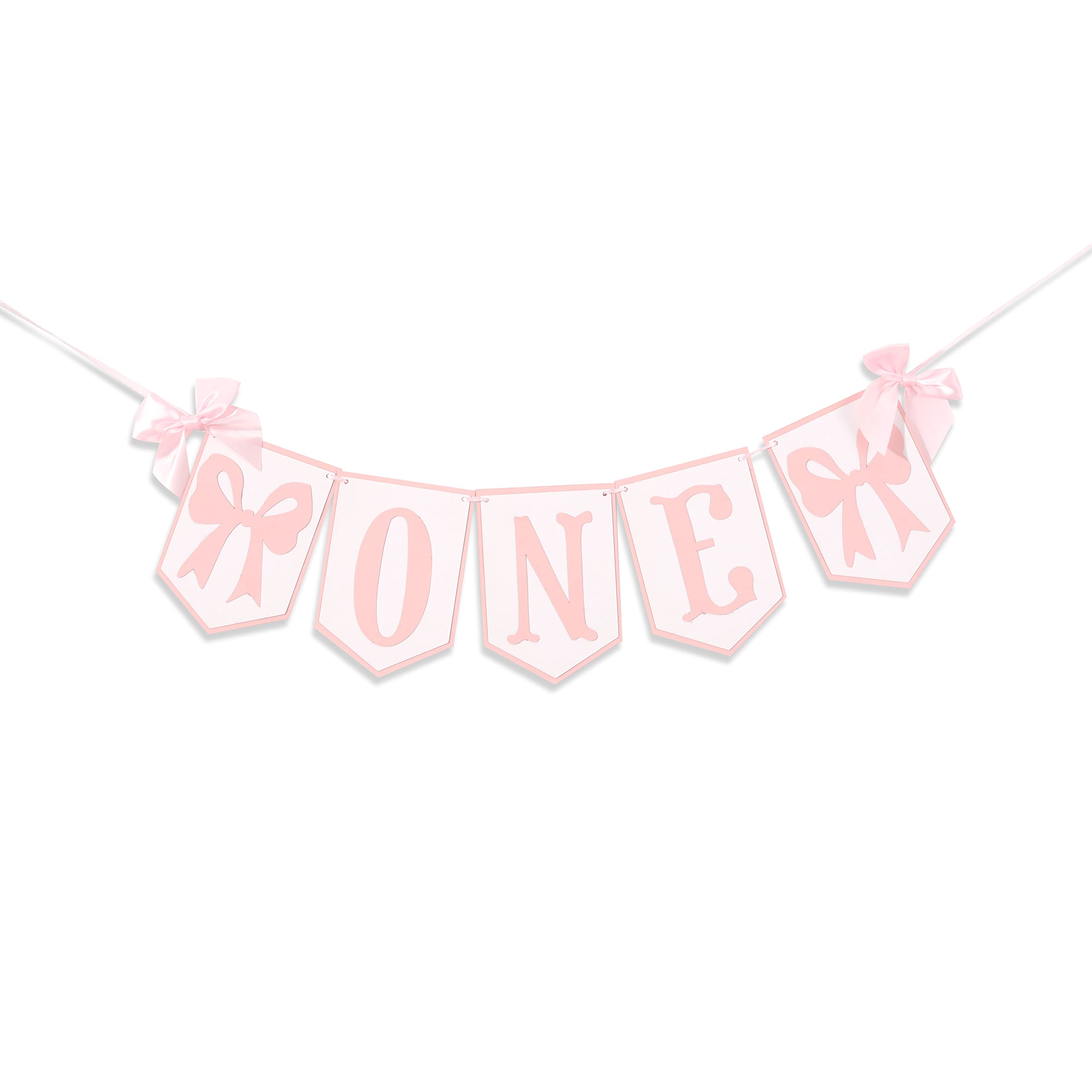 Photo 1 of Pink and White Highchair Banner - Bow One Banner, Pink White Party Decor- Girl First Birthday Decor Cake Smash Prop (BOW PINK ONE)
