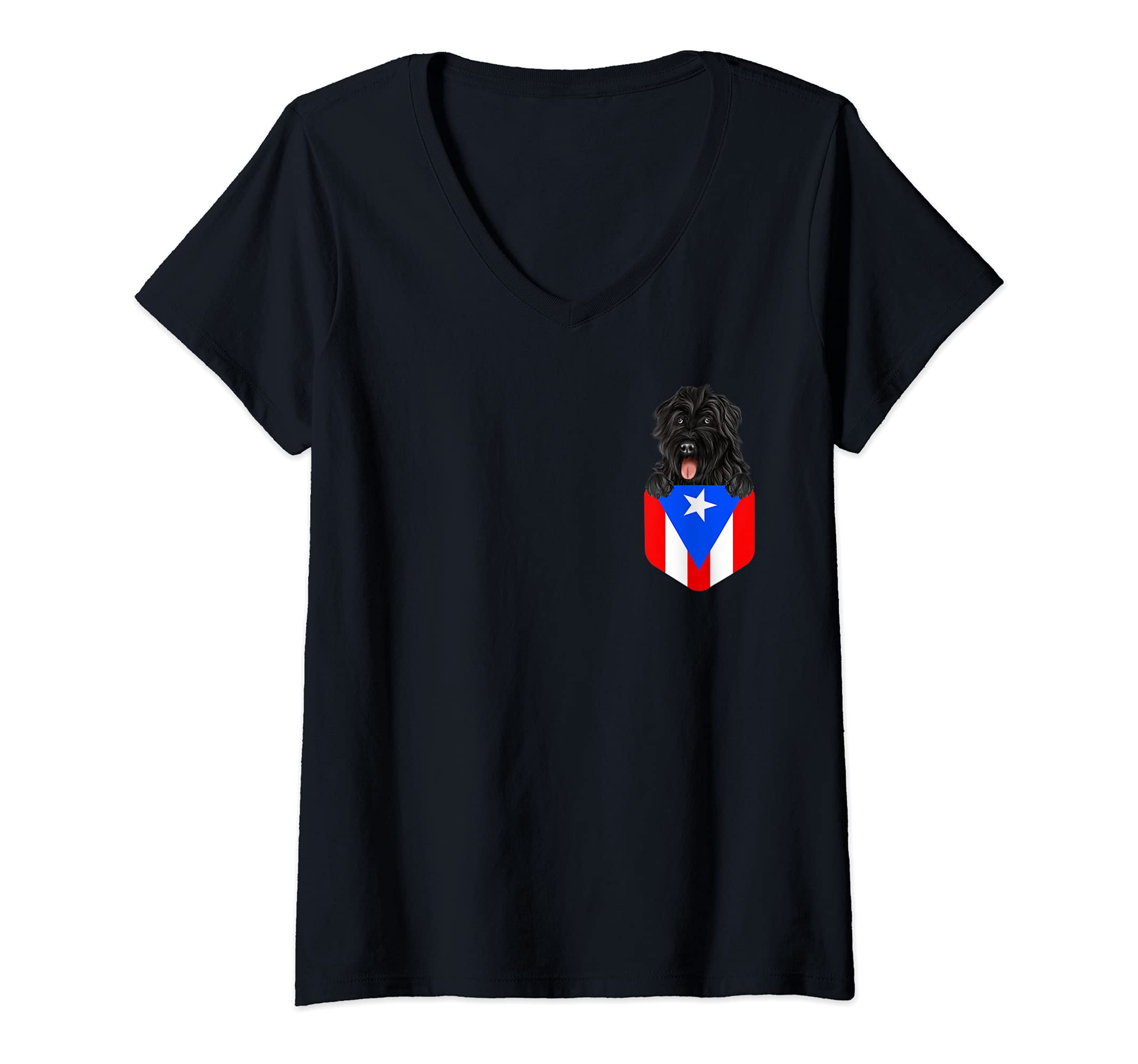 Womens Puerto Rico Flag Bouvier des Flandres Dog In Pocket V-Neck T-Shirt