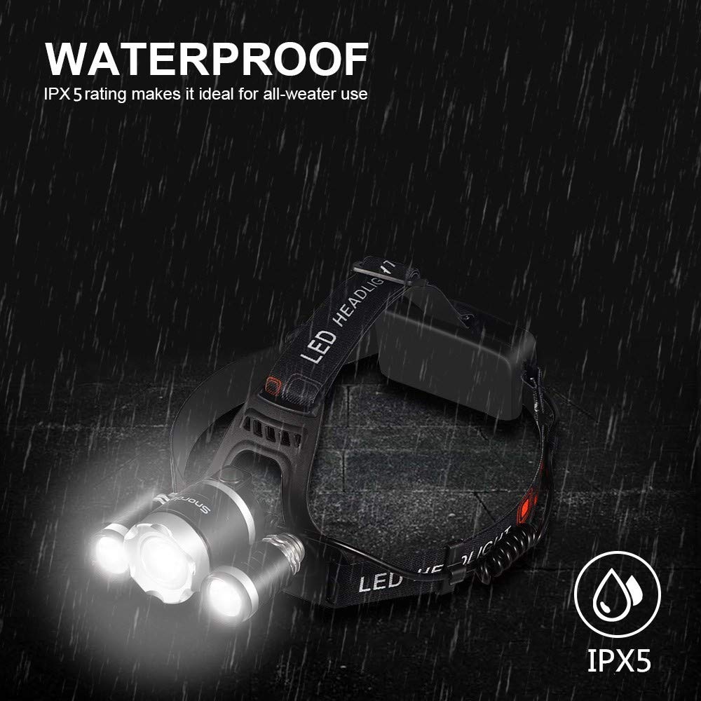 Brightest LED Headlamp, Snorda Zoomable Head Light with 6000 Lumen CREE LED, 4 Modes for Camping Fishing with 18650 Rechargeable Batteries