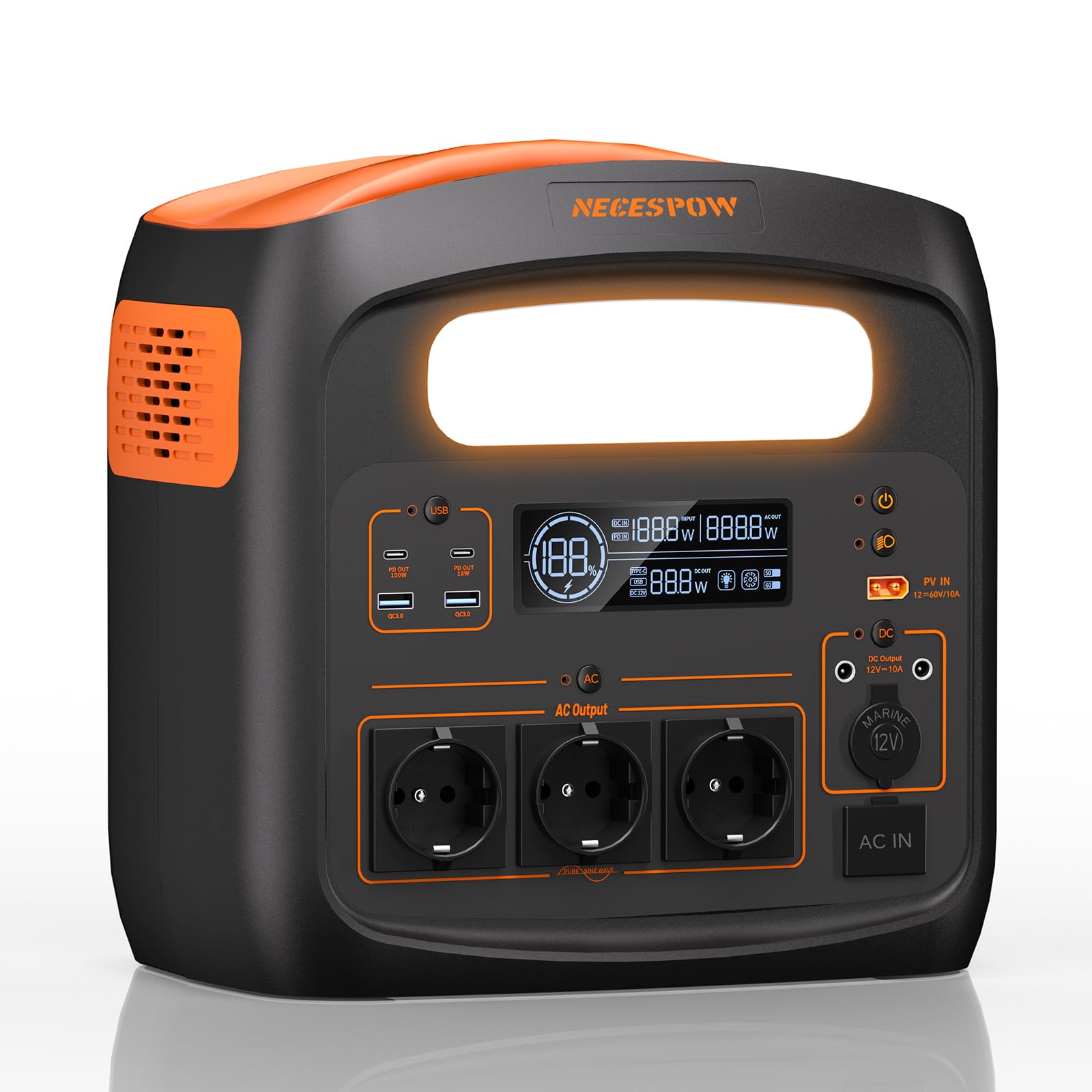 NECESPOW Tragbare Powerstation 1800W(3600W Spitze),1024Wh LiFePO4 Akku,3x AC Ausgang Solargenerator,Schnellladung in 55 Min,PD 100W,USB-C/AC/DC,Solarladung für Camping Notstrom Outdoor
