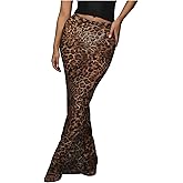 GORGLITTER Women's Leopard Maxi Skirt Mesh See Through Low Waist Y2K Bodycon Skirts