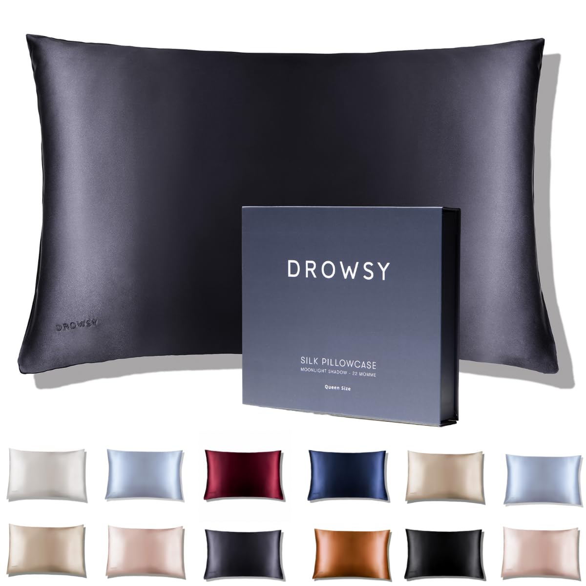 Drowsy Silk Pillowcase - 100% Pure Mulberry Silk - 22 Momme 6A High-Grade Fibers - Skin, Hair and Sleep Benefits - Envelope Opening - Queen/King Size (Moonlight Shadow)