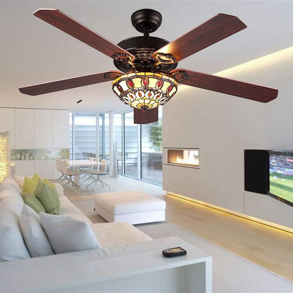 Modern Ceiling Fan 5 Wood Blades With Tiffany Glass Shade Quiet