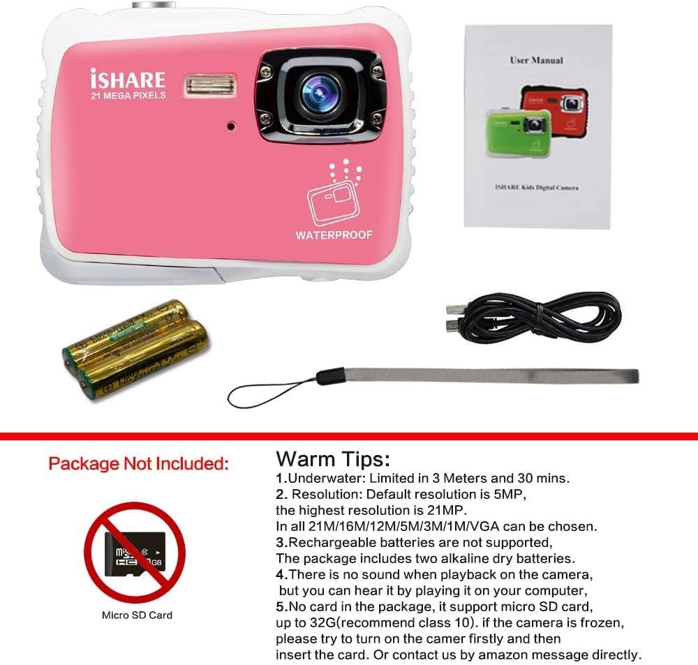 Cocac Underwater Camera 21MP HD Waterproof Digital Camera for Kids with 2.0" LCD 8X Digital Zoom Flash and Mic for Girls/Boys 2-5-10-15 Pink with 2 Batteries Max Support 32GB Card(not Included) : Camera & Photo