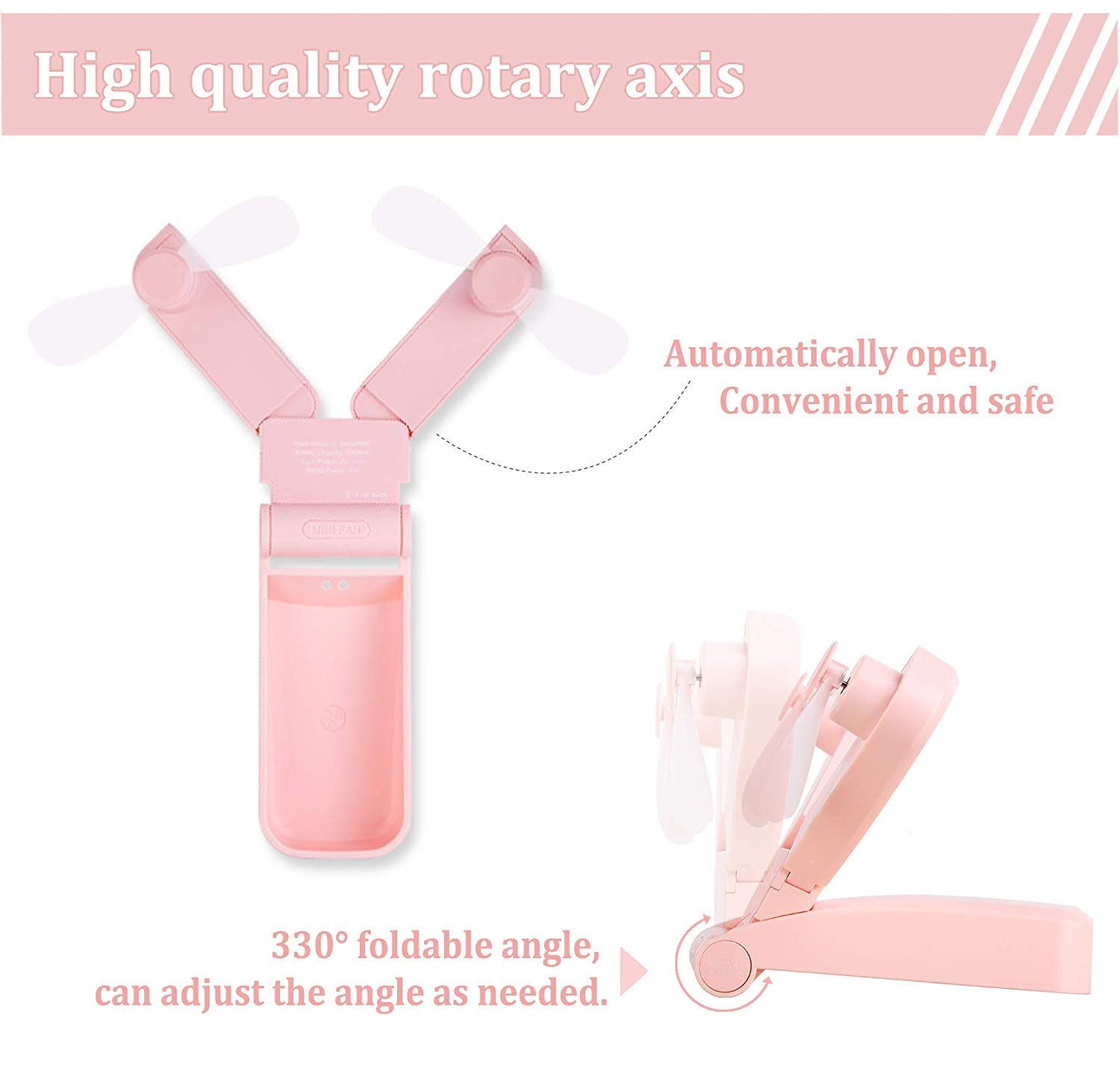 KuDiff Mini Handheld Fans Personal Fan Dual Heads Battery Operated Portable USB Rechargeable Small Desk Fan Electric Pocket Folding Fan for Travel/Home/Outdoor/Work/Summer (Pink Dual Head) (Pink)