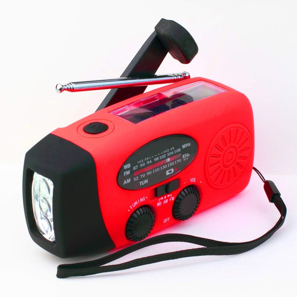 [Upgrade] Tiemahun Emergency Solar Hand Crank Dynamo NOAA WB AM/FM Radio Hurricane Camping Survive Kit with 3-LED Flashlight 1000mAh Power Bank 088FS (Red): Home Audio & Theater