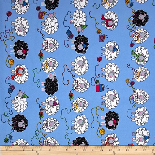 Kanvas Knitty Sheep Flannel Blue Fabric