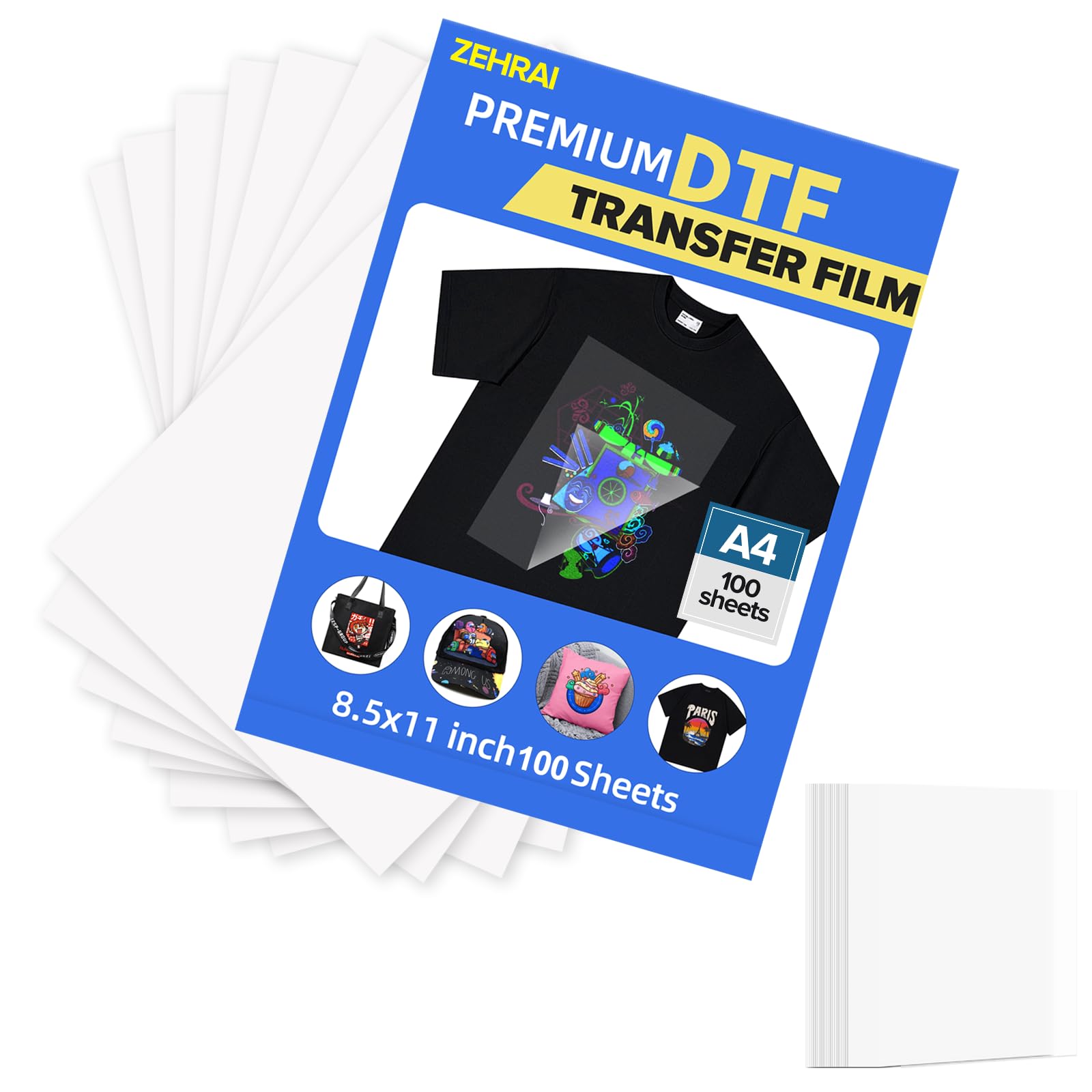 Photo 1 of ZEHRAI 100 Sheets DTF Transfer Film 8.5" x 11" Double Sided Matte, Clear Cold Peel, Direct to Film Heat Transfer Film for All Fabric and Colors T-Shirts Textile