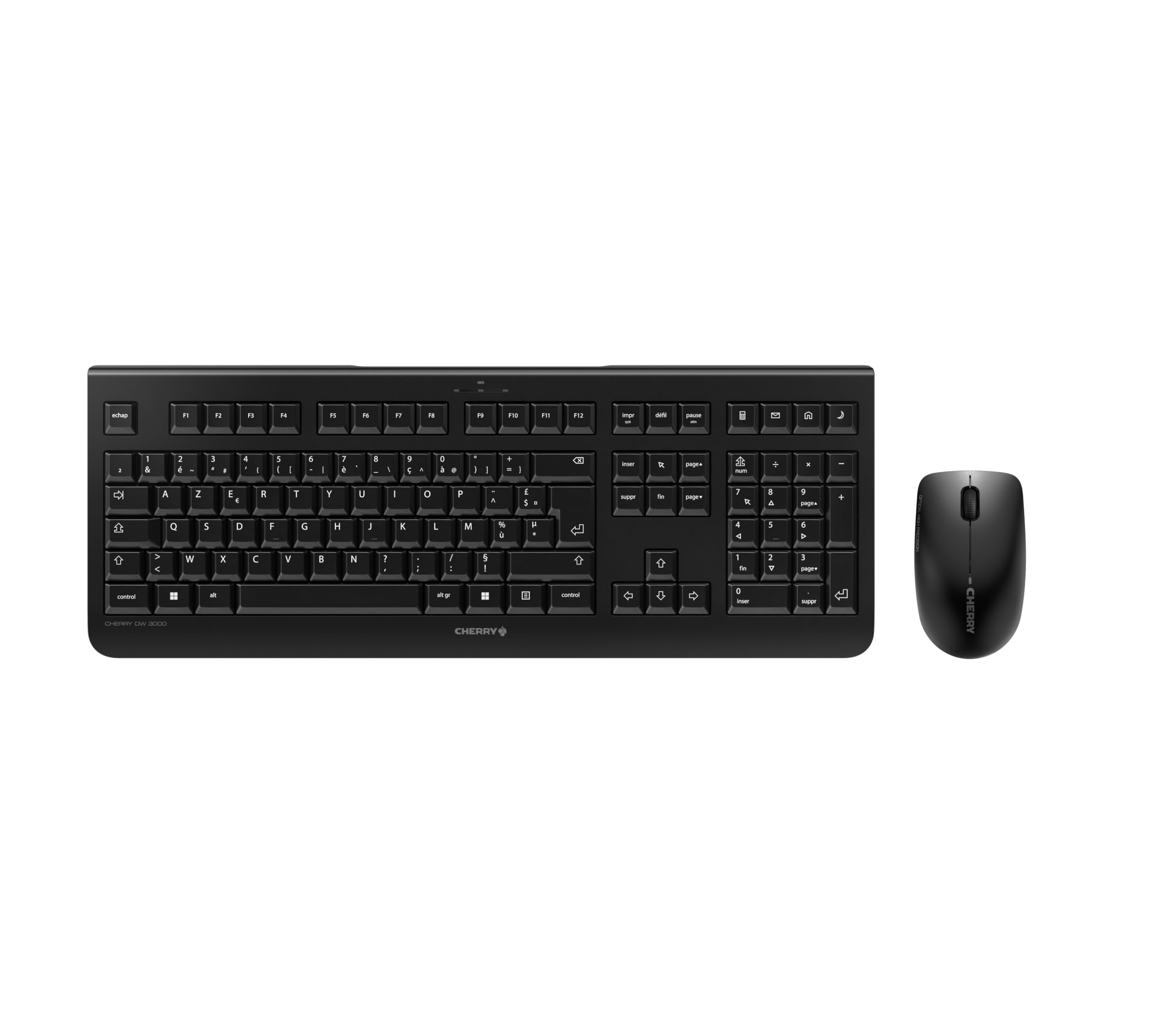 CHERRY DW 3000, Wireless Desktop Set, French Layout (AZERTY), 2.4 GHz RF, Flat Design, Low-Noise Keys, Symmetrical Mouse, Black