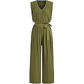 CIDER Womens Sleeveless Jumpsuit Pleated V Neck Ruched Tie Waist Wide Leg Jumpsuit Summer Casual One Piece Outfits
