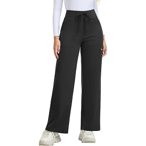 QBK Wide Leg Yoga Scrub Pants for Women, High Waisted Stretchy Medical Work Pants with Flat Drawstring and Utility Pockets