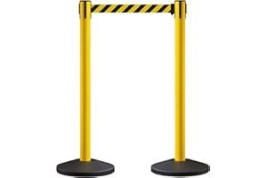 Crowd Control Warehouse CCW Series RBB-100 Set of 2 Stanchions with Retractable Belts - 11 Ft Black/Yellow Belt, Yellow Post - Line Dividers for Crowds Retractable Crowd Control Barriers