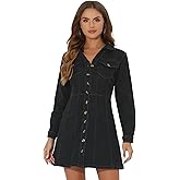 Allegra K Women's Denim Dress Button Down Collar V Neck Long Sleeve A-line Cotton Jean Dress