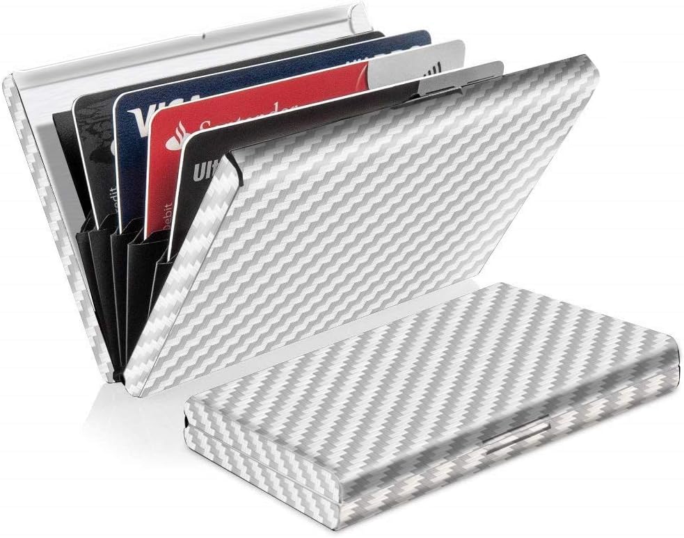 Lomendio Minimalist Leather Wallet, RFID Blocking Slim Credit Card Holder, Automatic pop-up Aluminum Business Card Case (Carbon silver)