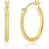 14K Gold Earrings, Gold Hoop Earrings for Women, Engraved Dainty Gold Earrings, 14K Gold Plated 925 Sterling Silver, 12mm/20mm/25mm/35mm