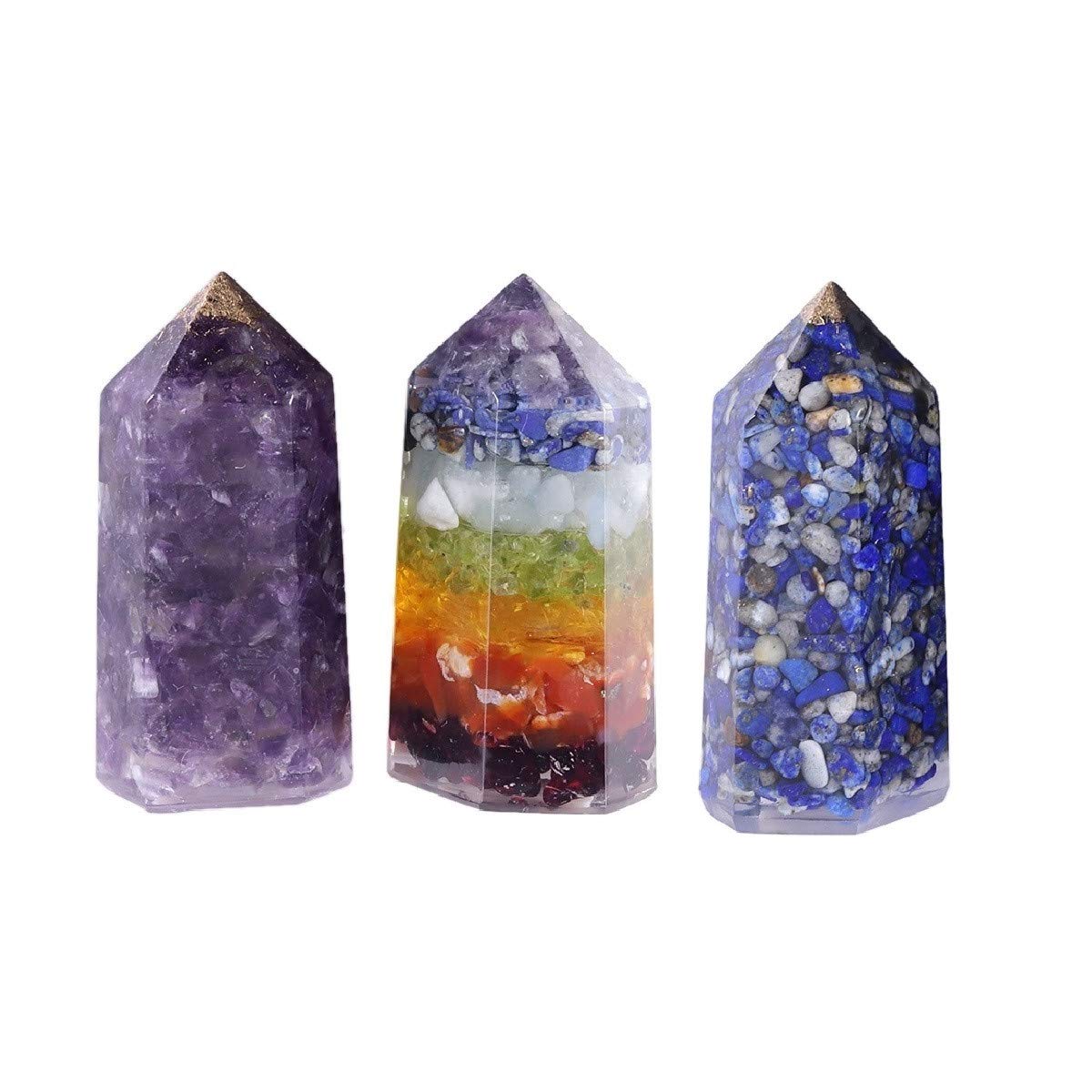 mookaitedecor Set of 3 Healing Crystal Wands 2 Inch, Polished Tumbled Stone Points 6 Faceted Reiki Chakra Meditation Therapy Decor, Amethyst/Lapis Lazuli/7 Chakra