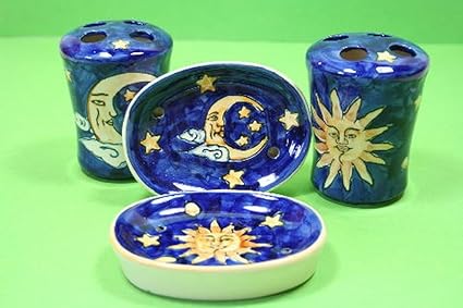 2 Juegos de baño 4 piezas cerámica - el sol y la luna jabonera para cepillos