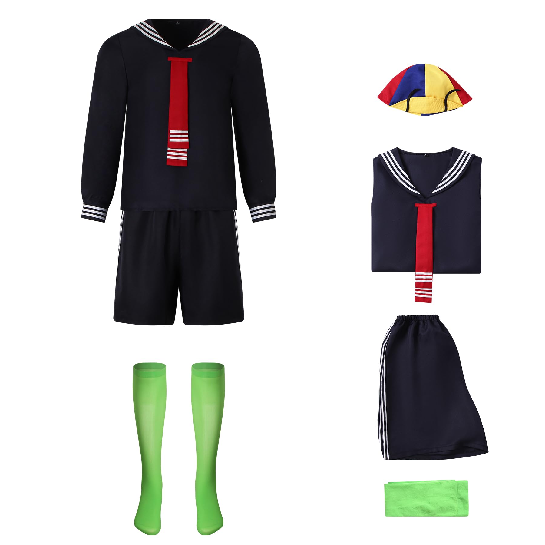 Photo 1 of Cuzeolin Adults Chavo Costume Stripe T-Shirt Pants Suspenders with Hat Sets Cosplay Uniform Outfits S