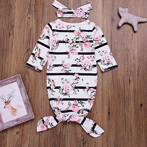 Mini honey Newborn Baby Sleepy Floral Striped Gown Headband Sleepwear