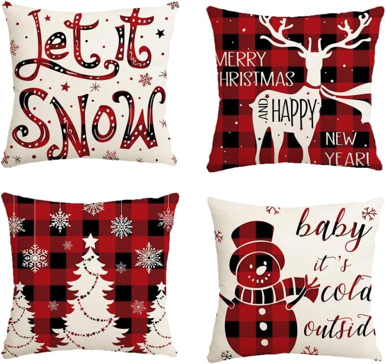 Avezano Red Christmas Cushion Covers 45 x 45 cm Red Black Tartan Snowman Deer Cushion Covers Christmas Holiday Pillow Covers for Sofa Couch Bed Home Decorations Set of 4