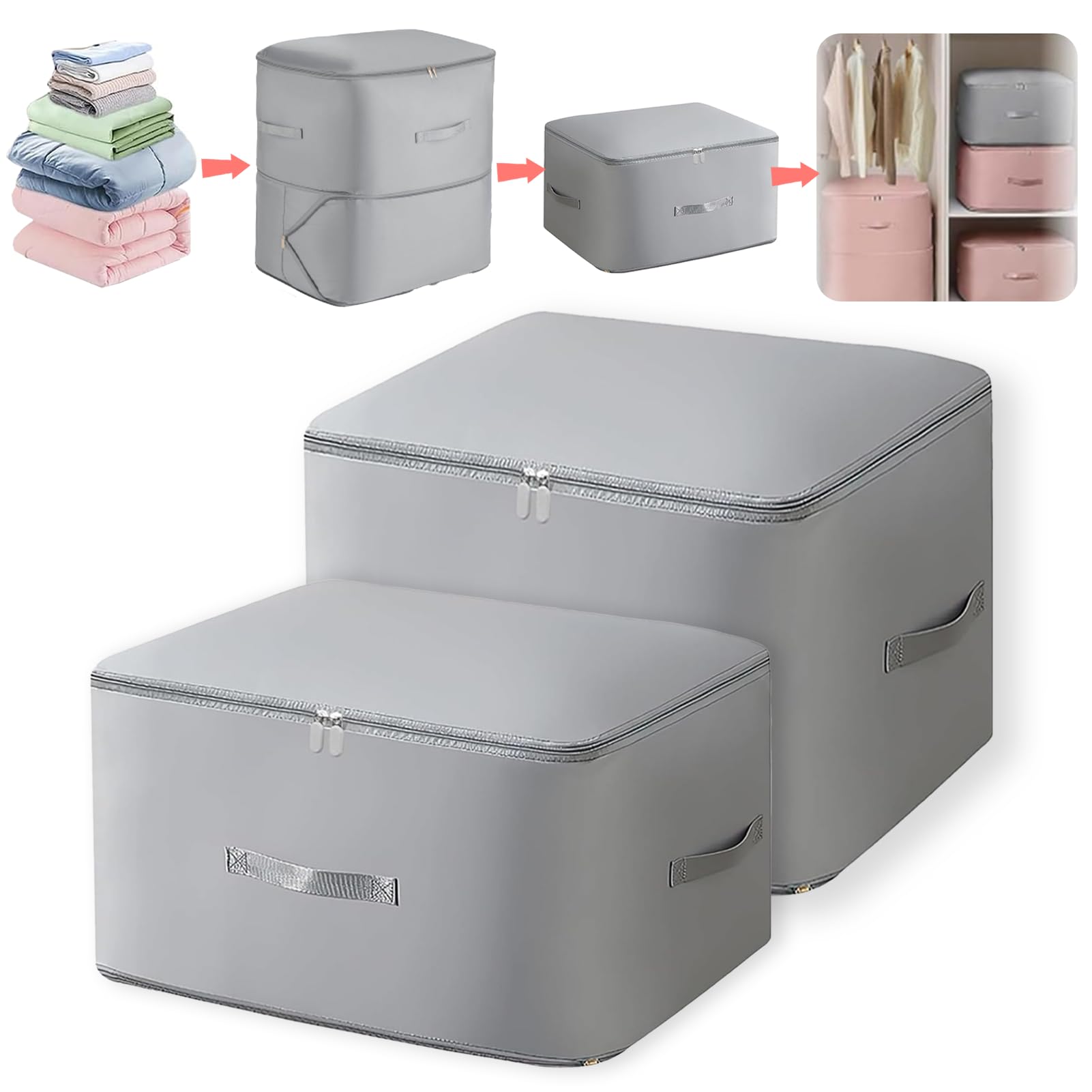 2Pcs Ultra Space Saving Self Compression Storage Bag, Duvet Storage Bag, Premium Satin Compression Storage Bags with Zipper, Packaging Bags for Comforters Clothes (Grey, L+XL）