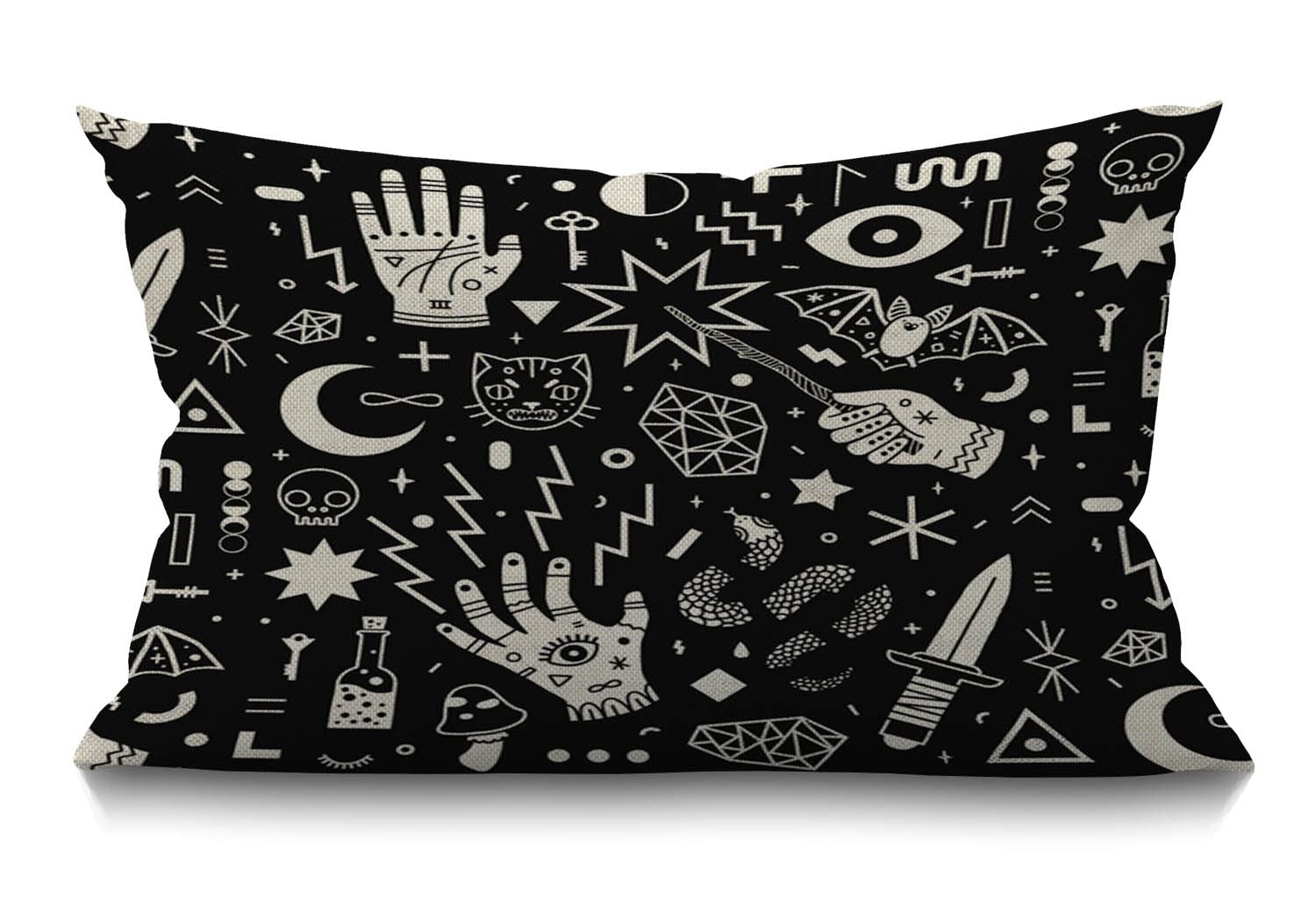 BGBDEIA Cushion Cover Magical Witchcraft Hand Eyes Moon Skull Cat Bat Snake Dagger Key Mushroom Rectangular Throw Pillow Cover for Couch Sofa Home Decor Cotton Linen 12x20 Inch 30 x 50 cm