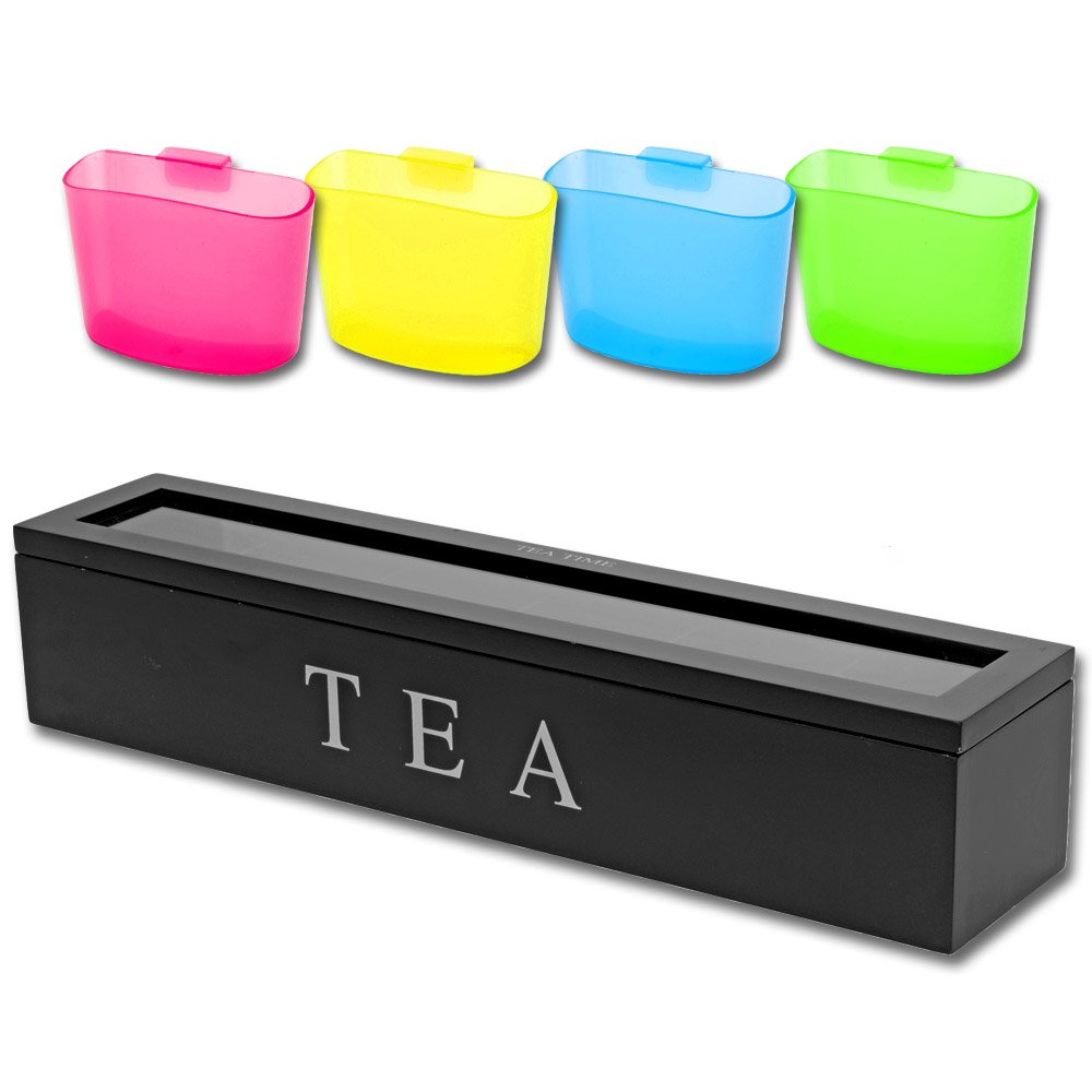 Tea Caddy Long Black with Teabag Holder CaddyTrayTeekastenBox