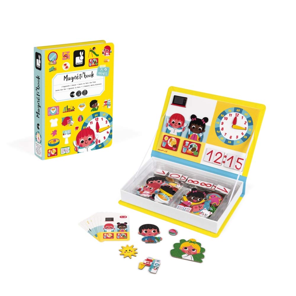 Janod - Magneti'Book for Learning to Tell the Time - Magnetic Educational Game, 75 Pieces - Fine Motor Skills and Imagination Learning - From 3 Years, J02724