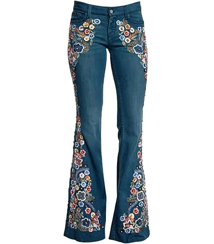 SOLY HUX Women's Vintage Bell Bottom Jeans Y2k Floral Embroidery