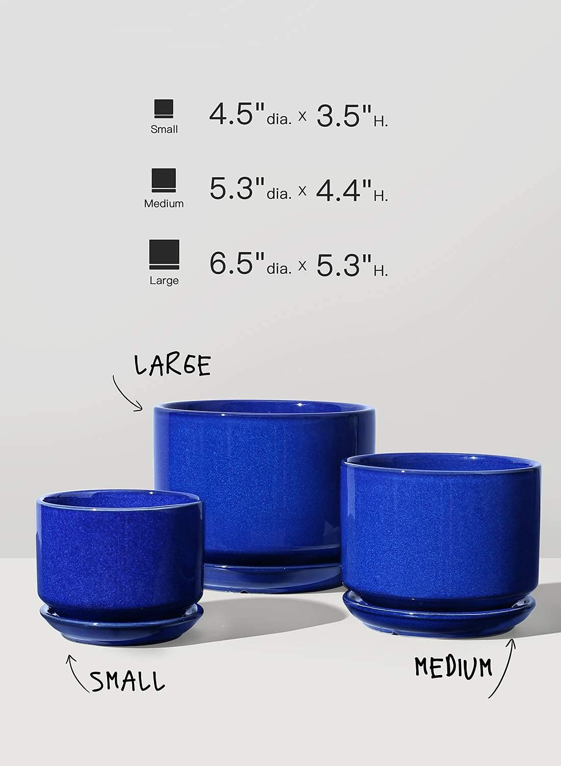 LE TAUCI Plant Pots 4.5" & 5.3" & 6.5" Flower Pot with Drainage Holes and Saucers, Ceramic Pots with Tray, Outdoor Garden Planters, with Mesh Pads, Set of 3, Sapphire Blue: Garden & Outdoor