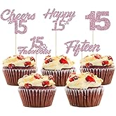 30Pcs Happy 15th Birthday Cupcake Toppers Sweet 15 Hello Cake Picks - Cheers to 15 Years Birthday Anniversary, Wedding Party Decorations Supplies (Pink)