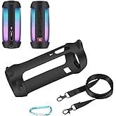 Shockproof Silicone Cover Case for JBL Pulse 4 Speaker - Portable Protective Skin with Shoulder Strap & Metal Buckle, Anti-Scratch Bluetooth Speaker Accessory (Black)