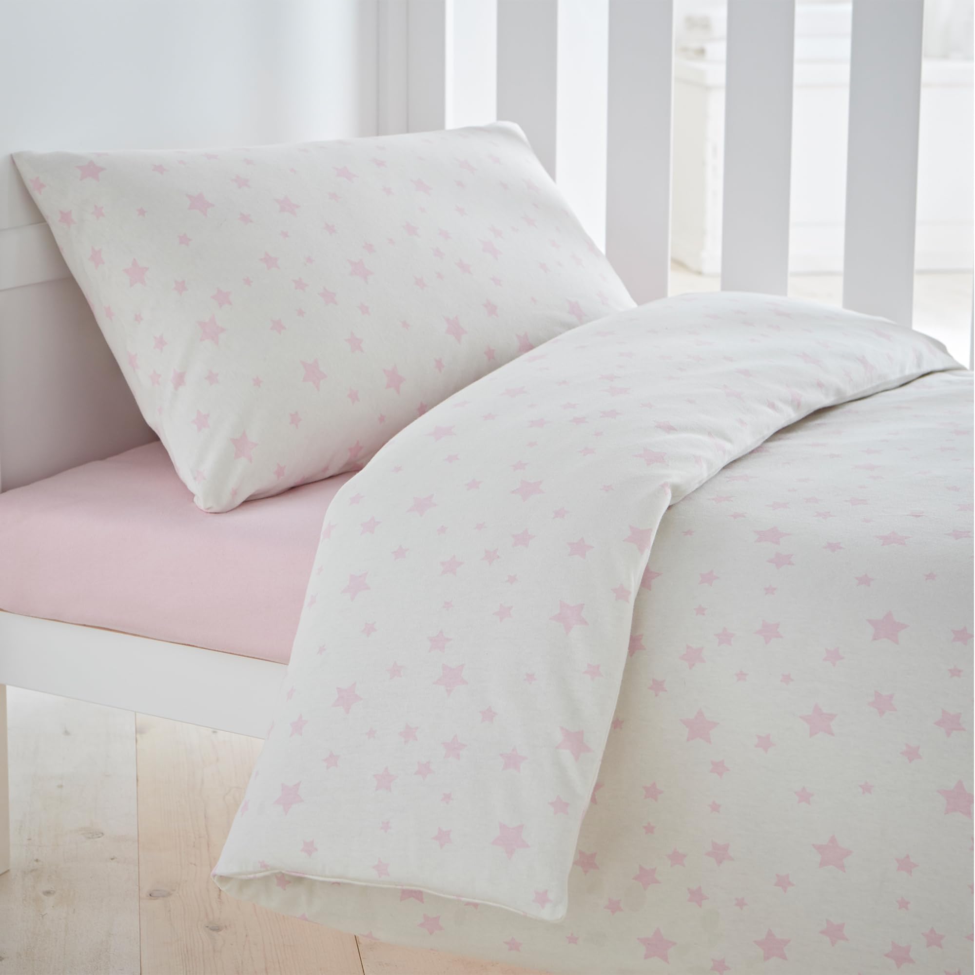 Silentnight Safe Nights Cot Bed Duvet Set - Breathable 100% Cotton Jersey - Super Soft Kind to Skin - Duvet Cover & Pillowcase for Toodler Child Junior Quilt - 150x120cm - Hypoallergenic, Pink Stars