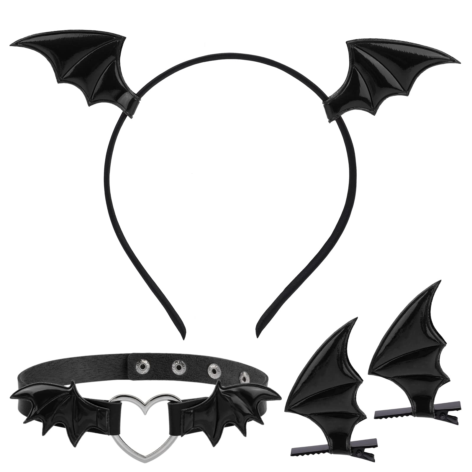 MWOOT Halloween Bat Costumes Hair Accessories Set with Bat Wings Hair Clips, Bat Devil Wings Headband, Bat Wings Neckband Collar Choker for Women Halloween Cosplay Party Event Dress up Black
