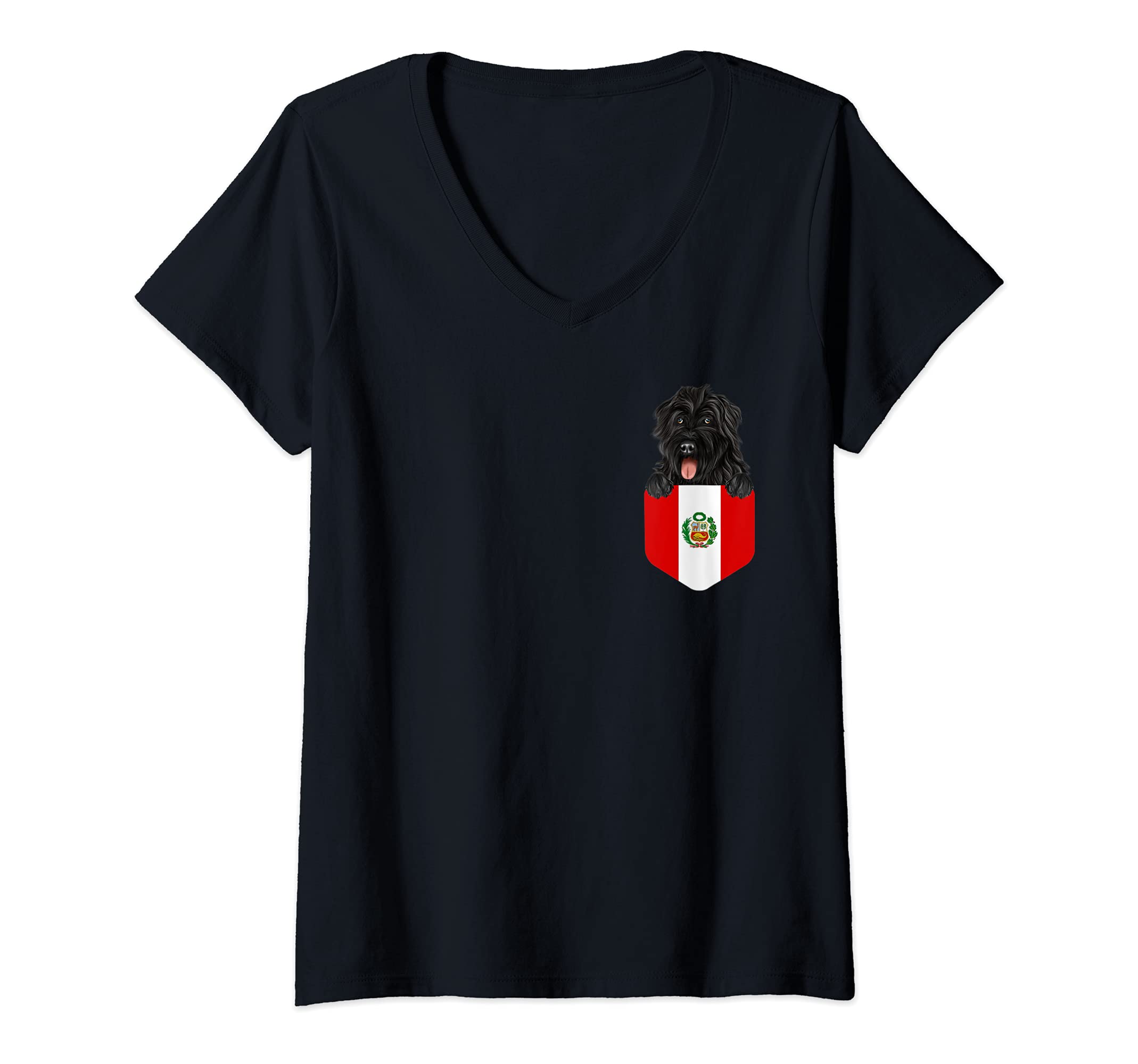 Womens Peru Flag Bouvier des Flandres Dog In Pocket V-Neck T-Shirt