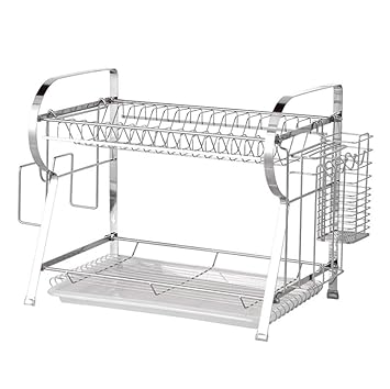 2 Tier Kitchen Shelf Double Layer Drain Dish Rack Wall Mounted