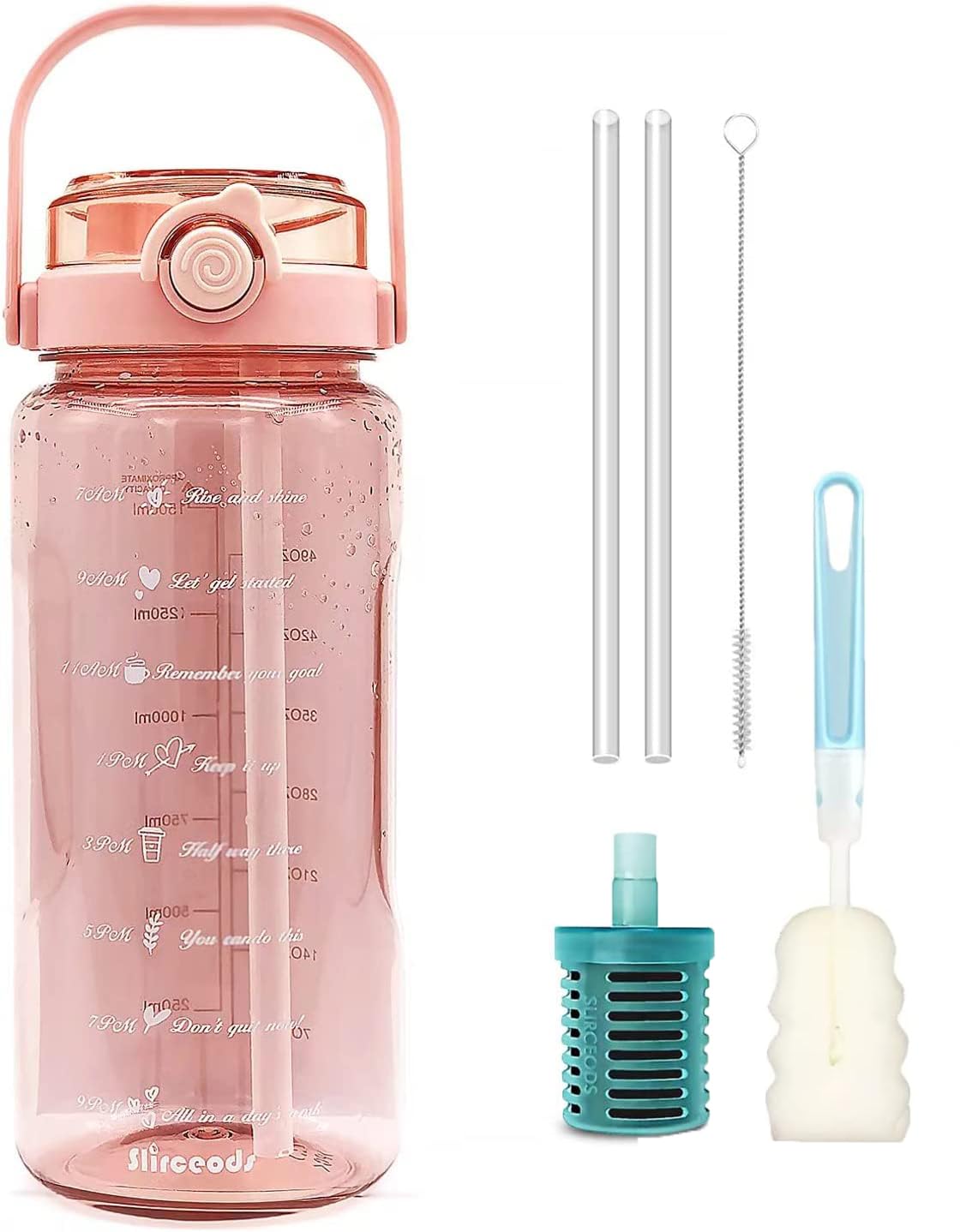 HOSECES Filter Water Bottle 1.5L / 49oz,Pink Fitness Hydration Bottles with Straw & Time Marker &1 Filter(Ramdon Color), Leak Proof Sports Water jug with Handle -BPA Free-For Yoga, Gym, Office (Pink)