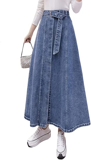 Amazon Gergeousデニムスカート レディース ふんわり ロング スカート デニム ファッション フレアスカート 体型カバー ロング丈 マキシスカート エレガント 大きいサイズ 無地 夏 Freesizeブルー スカート 通販