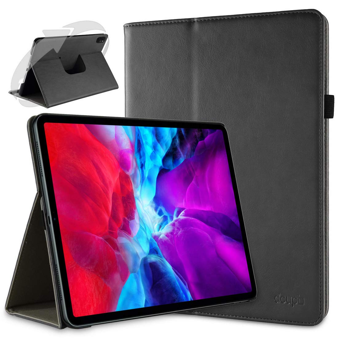 doupi Smart Flip Cover for iPad Pro 12.9 inch (4. Gen.) 2020, Deluxe Protective Case 360 Degree Rotatable Stand Screen Protector, Black